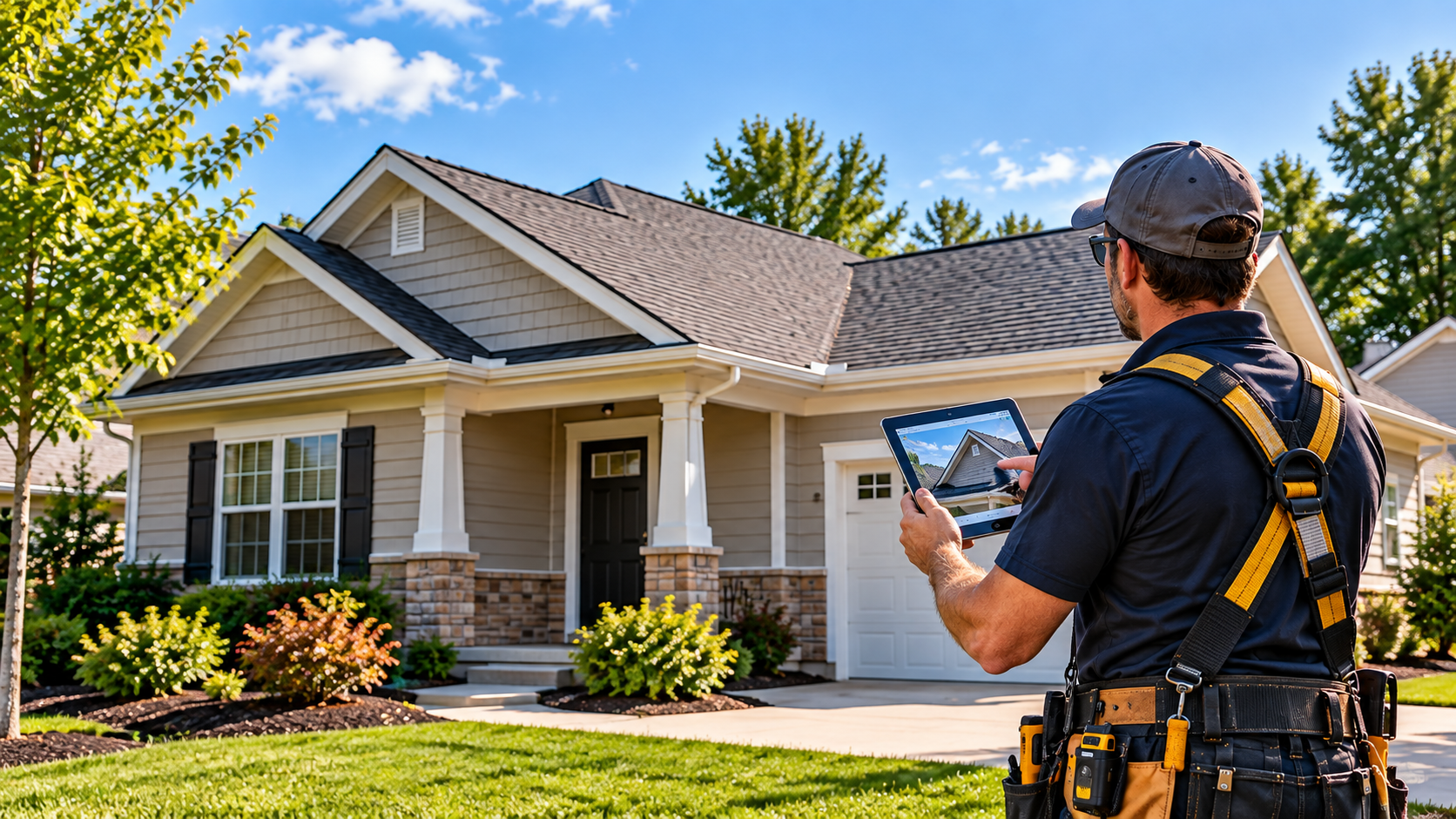 Roofing professional reviewing a modest home's roof